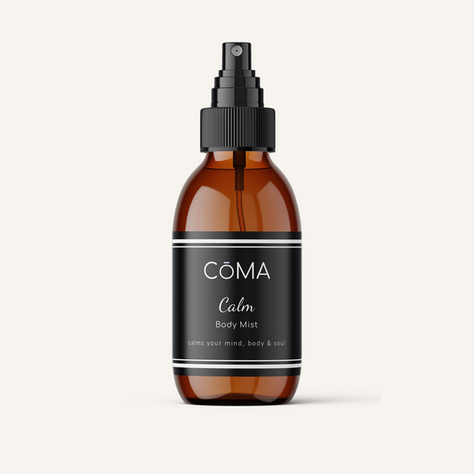 Calm Body Mist for Stress Relief & Relaxation in amber bottle, promotes serenity and inner peace.