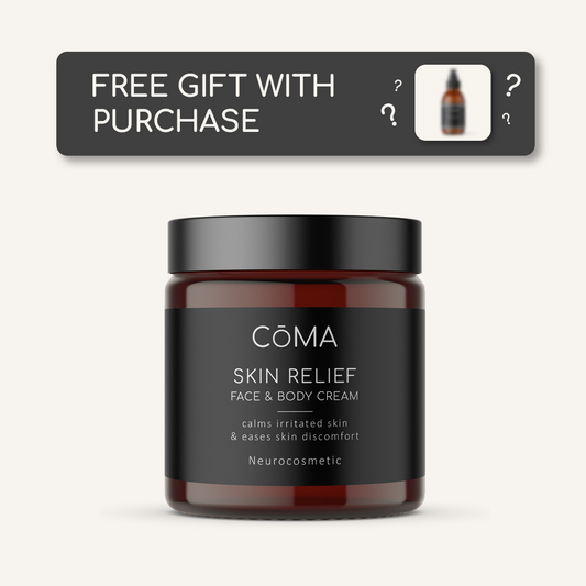Skin Relief Lotion jar for face and body cream, calming irritated skin with a free gift promotion.