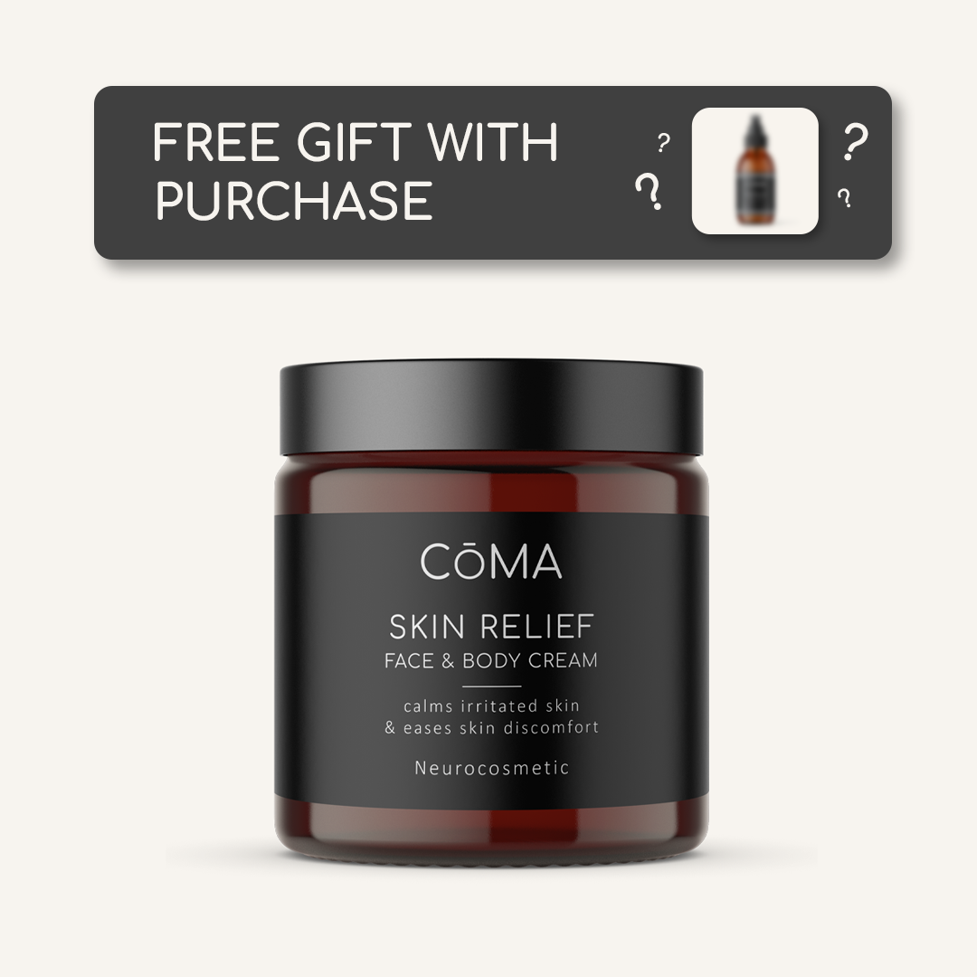 Skin Relief Lotion jar for face and body cream, calming irritated skin with a free gift promotion.